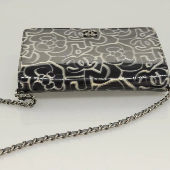 CHANEL Camellia COCO Mark Chain Wallet Patent leather Gray CC Auth PP850 - Picture 8 of 15